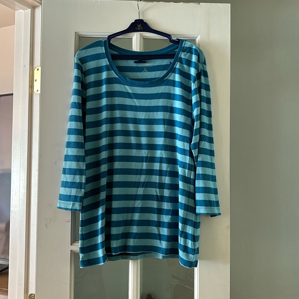 LL Bean large striped scoop neck XL 2 tone blue 3/4 length cotton Jersey